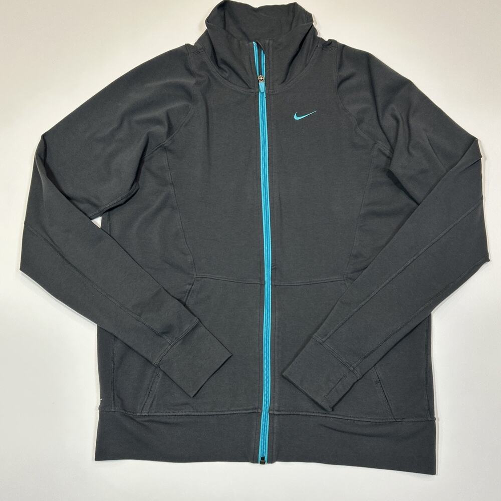 Nike Dri-FIT Track Jacket Women’s Large Gray Thumb Holes Blue Swoosh Running